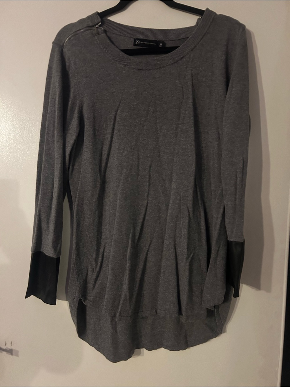 New York & Company Charcoal Gray Knit Top with Black Faux Leather Cuffs